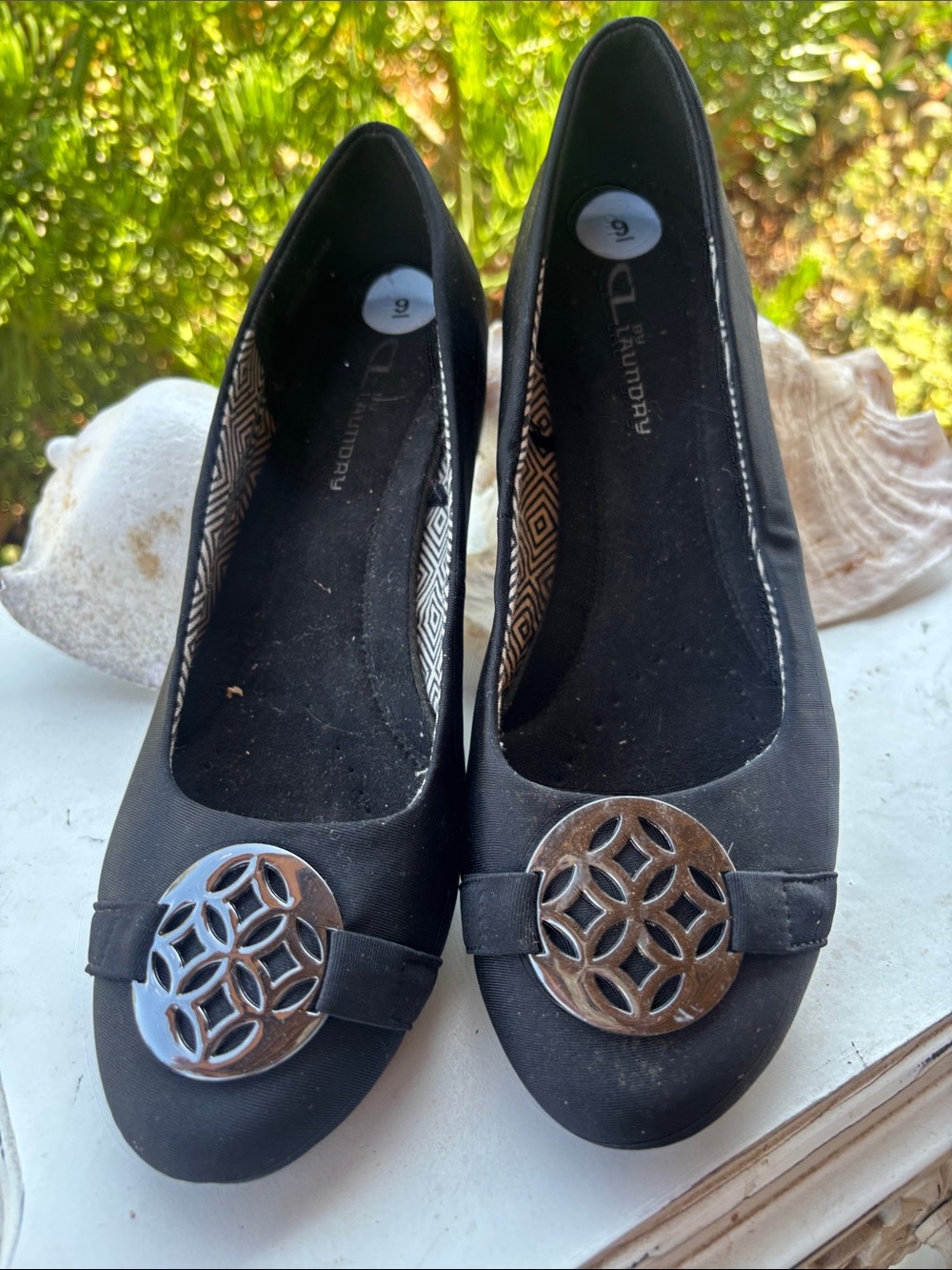 CL by Laundry Black Flats with Medallion Accents